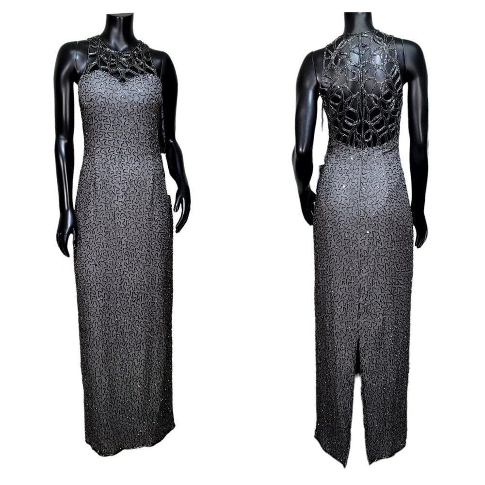 Scala Beaded Illusion Neck Open Back Evening Gown Charcoal Grey Maxi Dress M